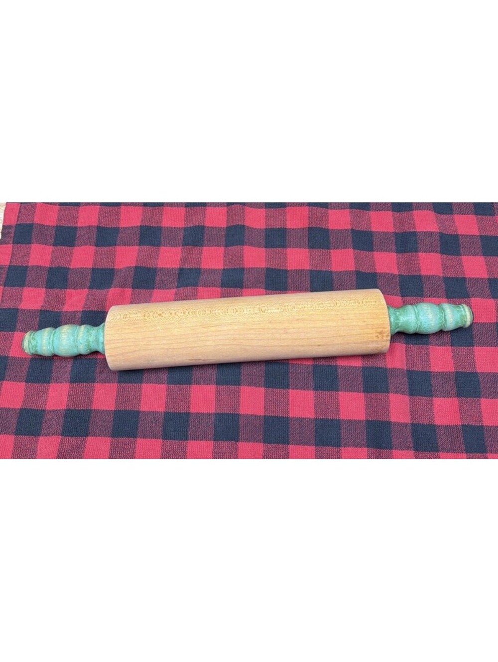 Vintage 40’s Primitive Wooden Rolling Pin Turned Green Handles Worn Shabby 17”